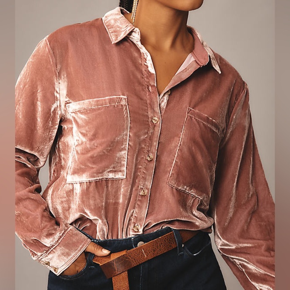 Whimsigoth Anthropologie Maeve Velvet Button Down Shirt US 8 Mauve Dusk Pink